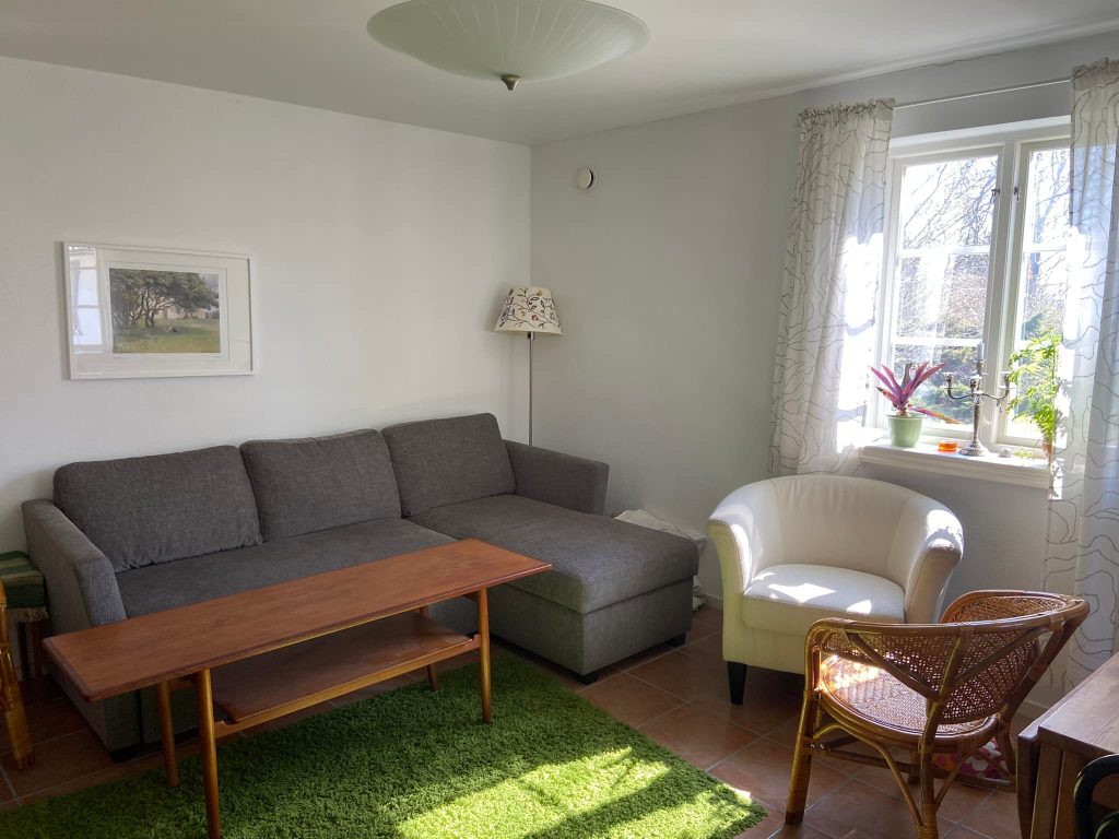 soffa, soffbord och fotöljer, en lampa i hörnet och en tavla på väggen. nedervåning